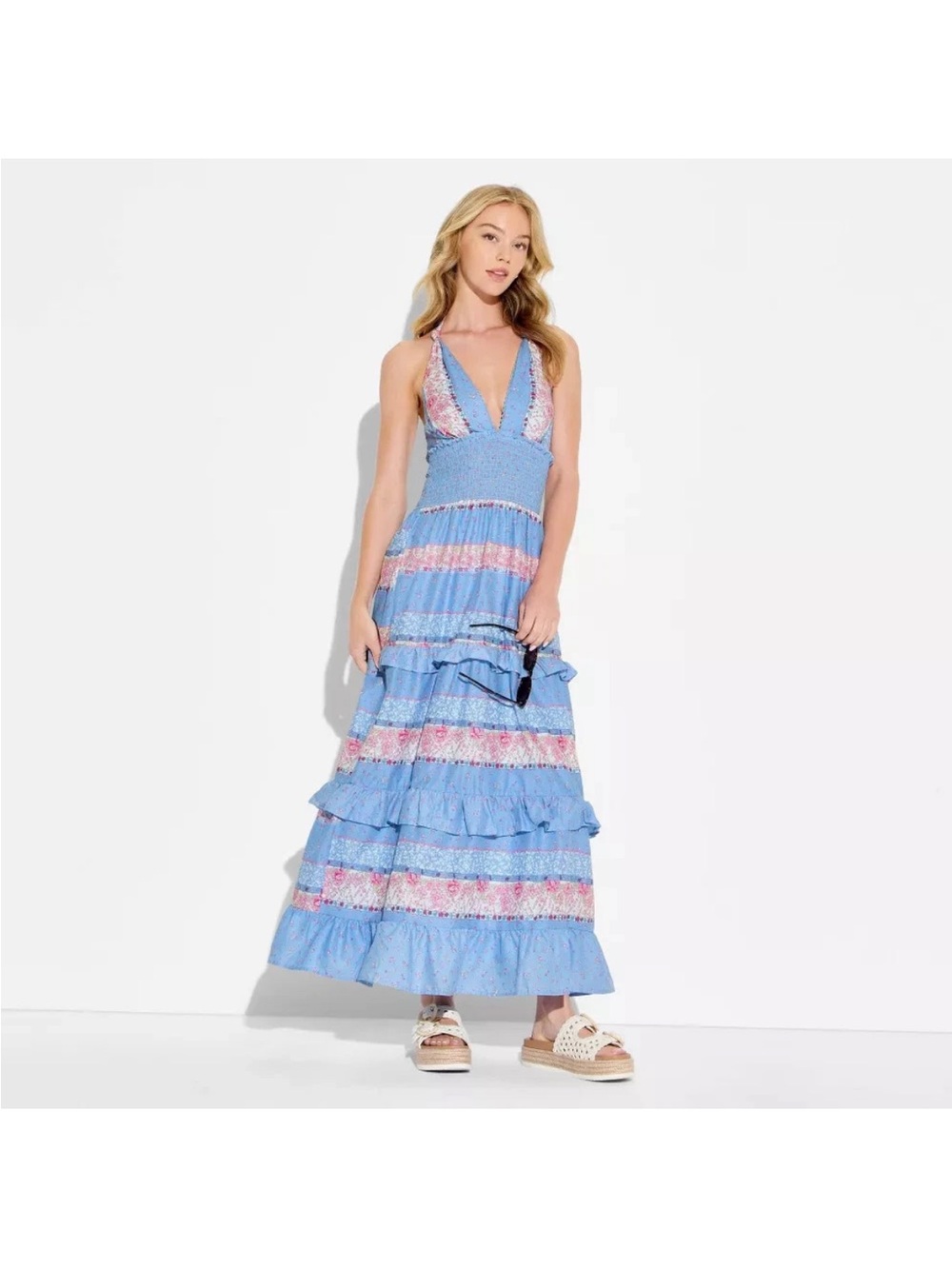 Blue Floral Tiered Maxi Dress Lightweight V-Neck Summer Dress Wild Fable XS New